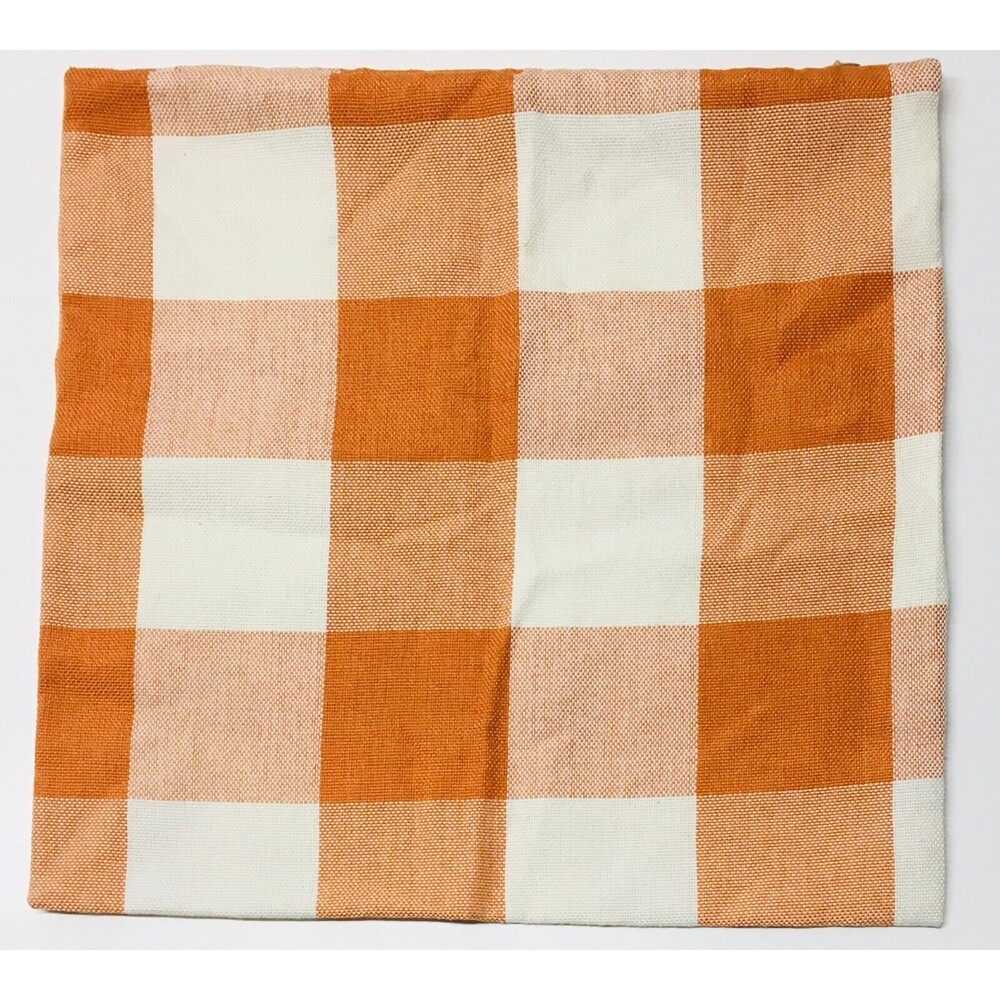 Square Pillow Cover Plaid Orange Ivory 17" Festive Cabincore Cottage COVER ONLY